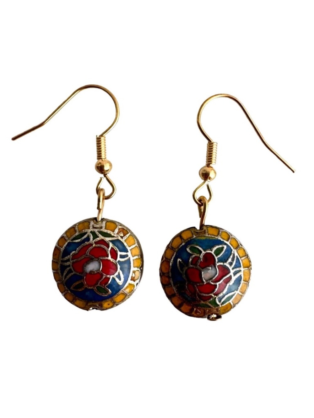 Vintage Japanese Cloisonne Earrings Floral Blue Red Gold Dangle Hook Jewelry